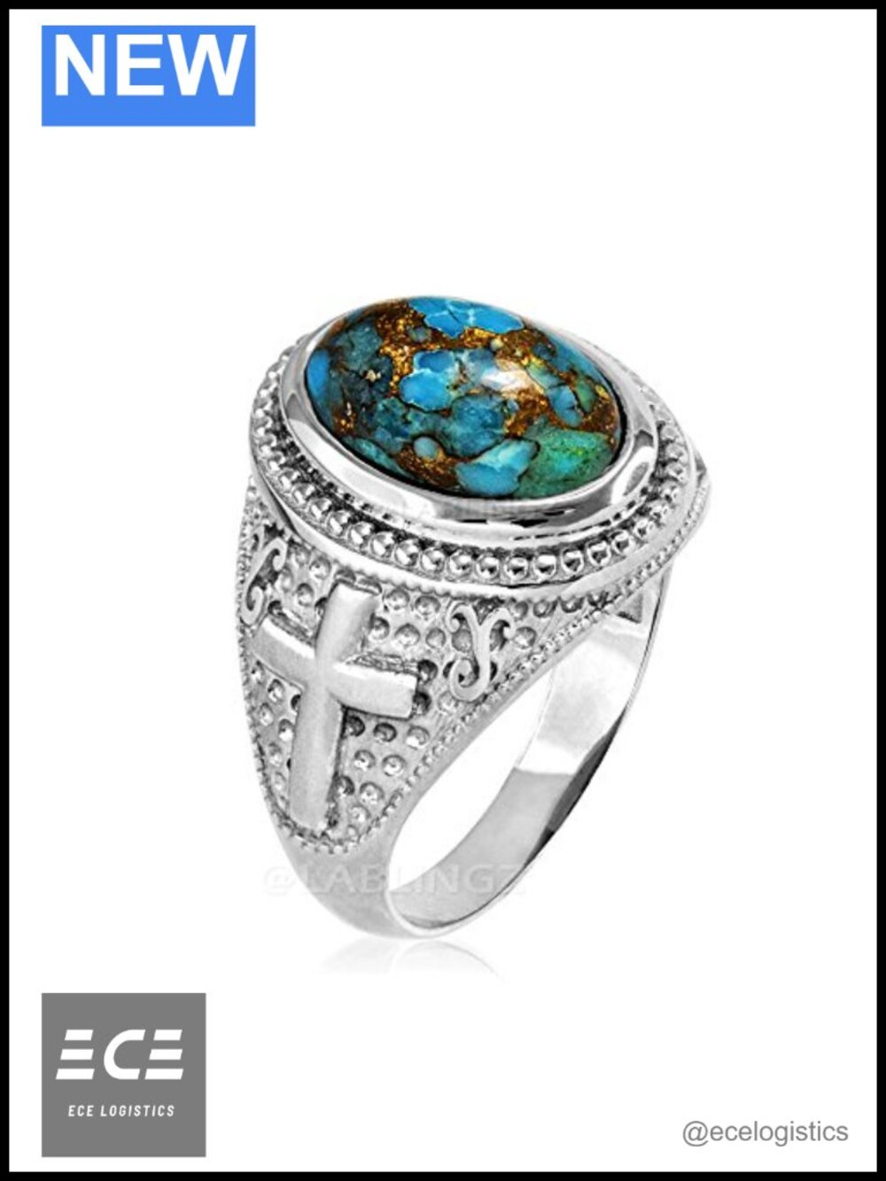 Sterling Silver Christian Cross Ring Oval Blue Gemstone Statement Unisex